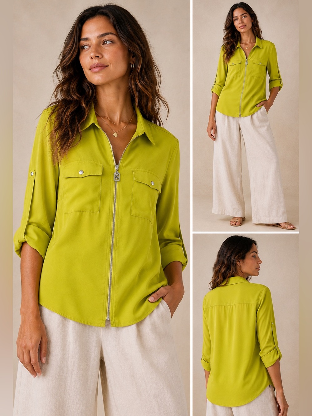 Michael Kors Chartreuse Zip-Front Blouse